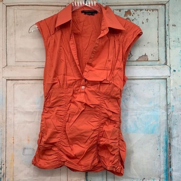 BCBG Maxazria S Blouse Orange Fitted Rouched - Picture 1 of 5